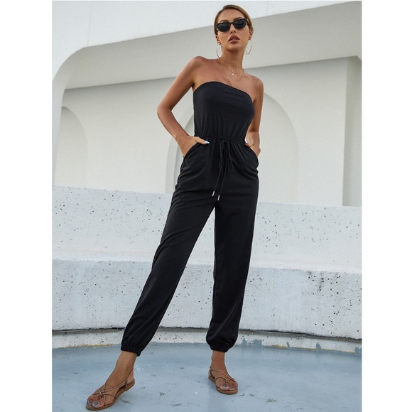 Rouge! Pants - Strapless Tube Top Drawstring Black Jumpsuit